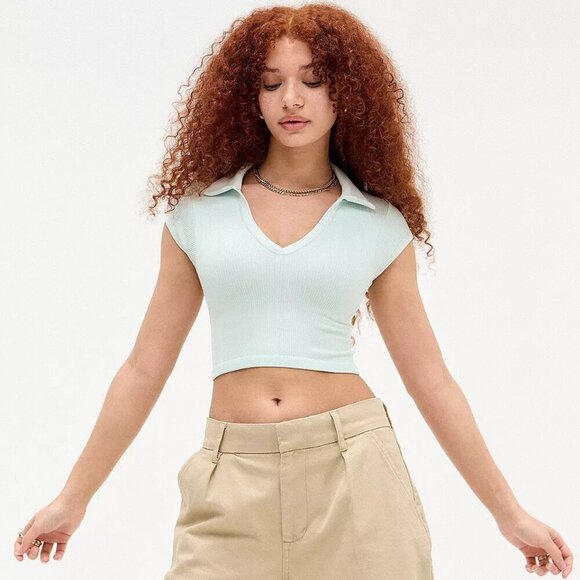 NWT UO Out From Under Sporty Green Collared Baby Tee - Picture 6 of 6